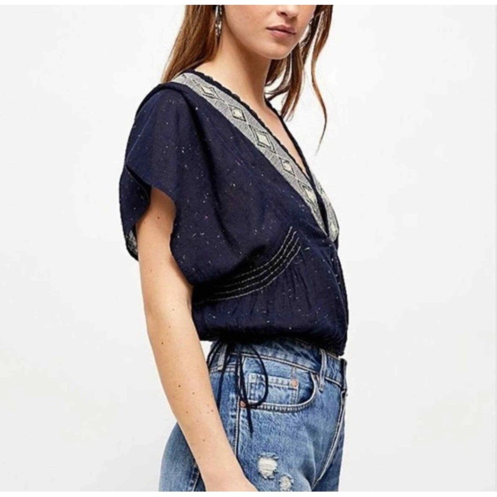 Free People Like A Breeze Pullover Boho Embroidery Navy Blue Blouse Medium